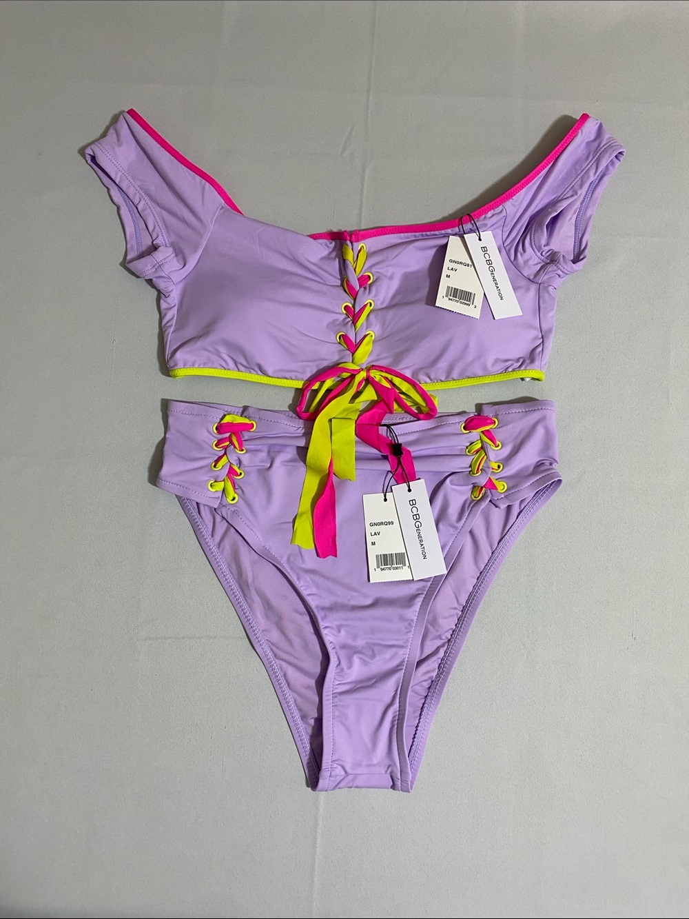 BCBGeneration Lace-up Bikini Set w High-waist Bottom Women's Size M